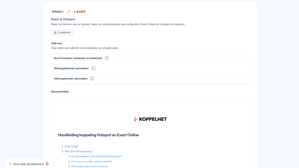 Koppeling Hubspot Exact online installeren.