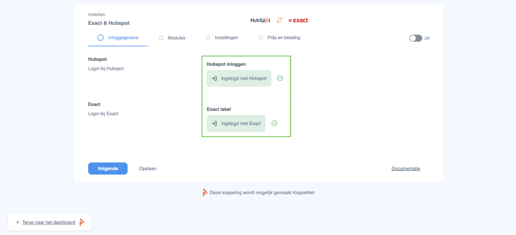 Inloggen bij Hubspot en Exact Online
