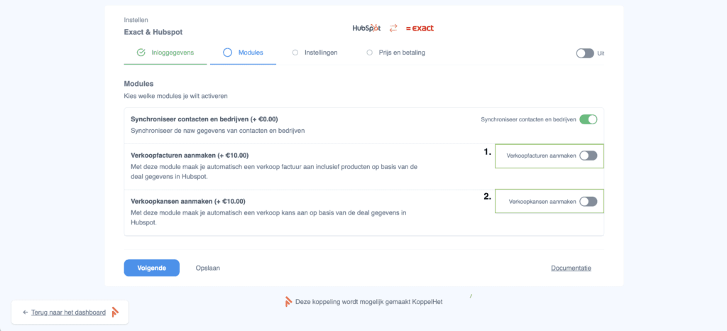 Modules instellen koppeling Hubspot Exact Online